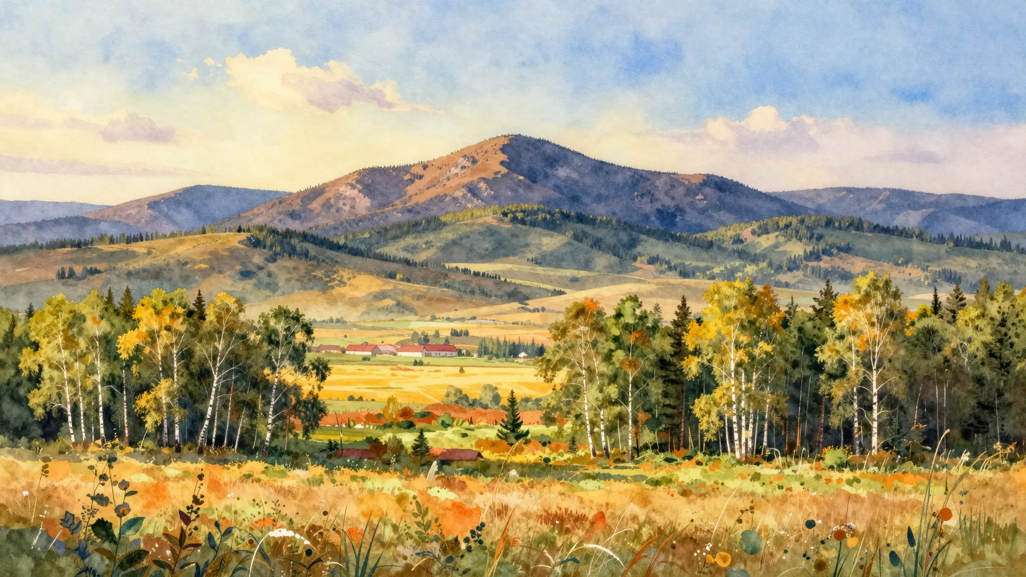 Vibrant watercolor style. Folk song album cover, vast Russia...