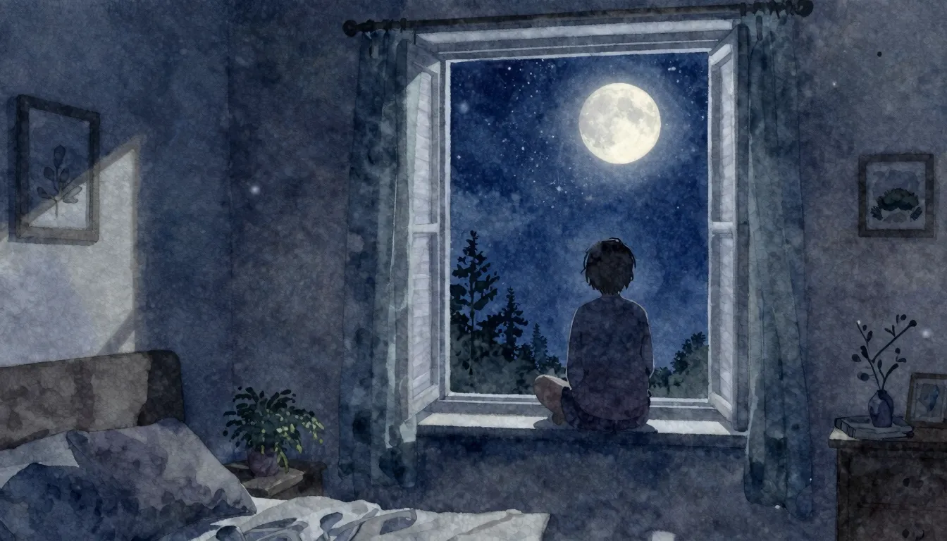 Watercolor style. A cozy room at night, moonlight streaming ...