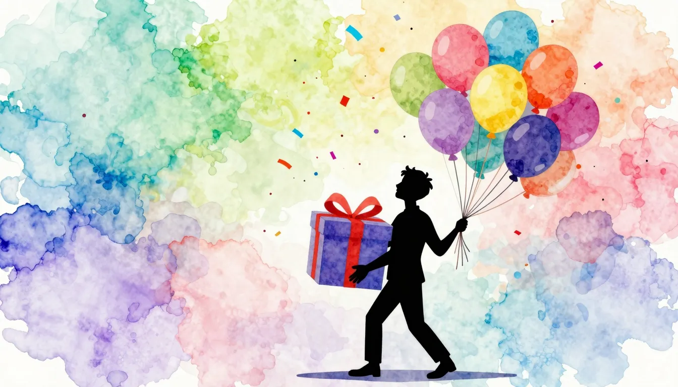 Watercolor style. A funny silhouette of a man holding a gian...