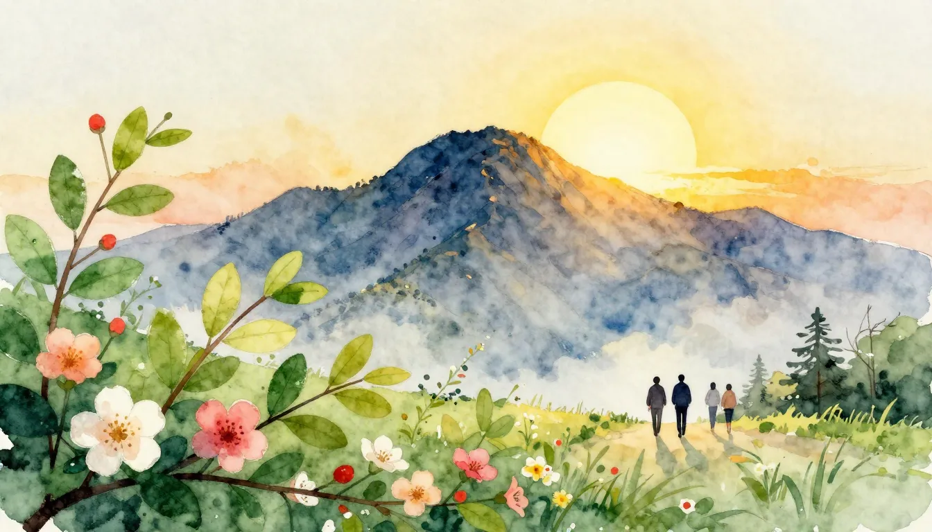 Watercolor style. A stylized mountain peak with a bright gol...