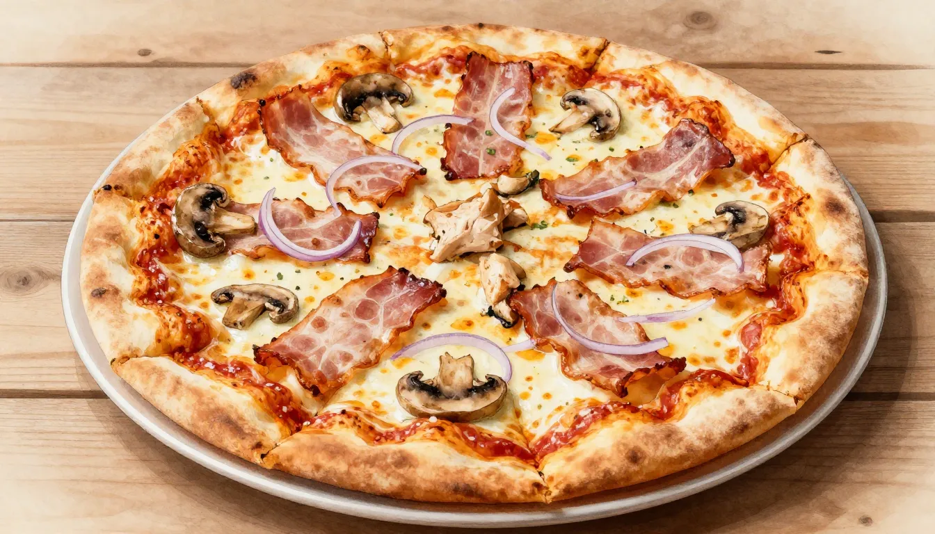 Watercolor style. Delicious pizza Parmese with mushrooms, ba...