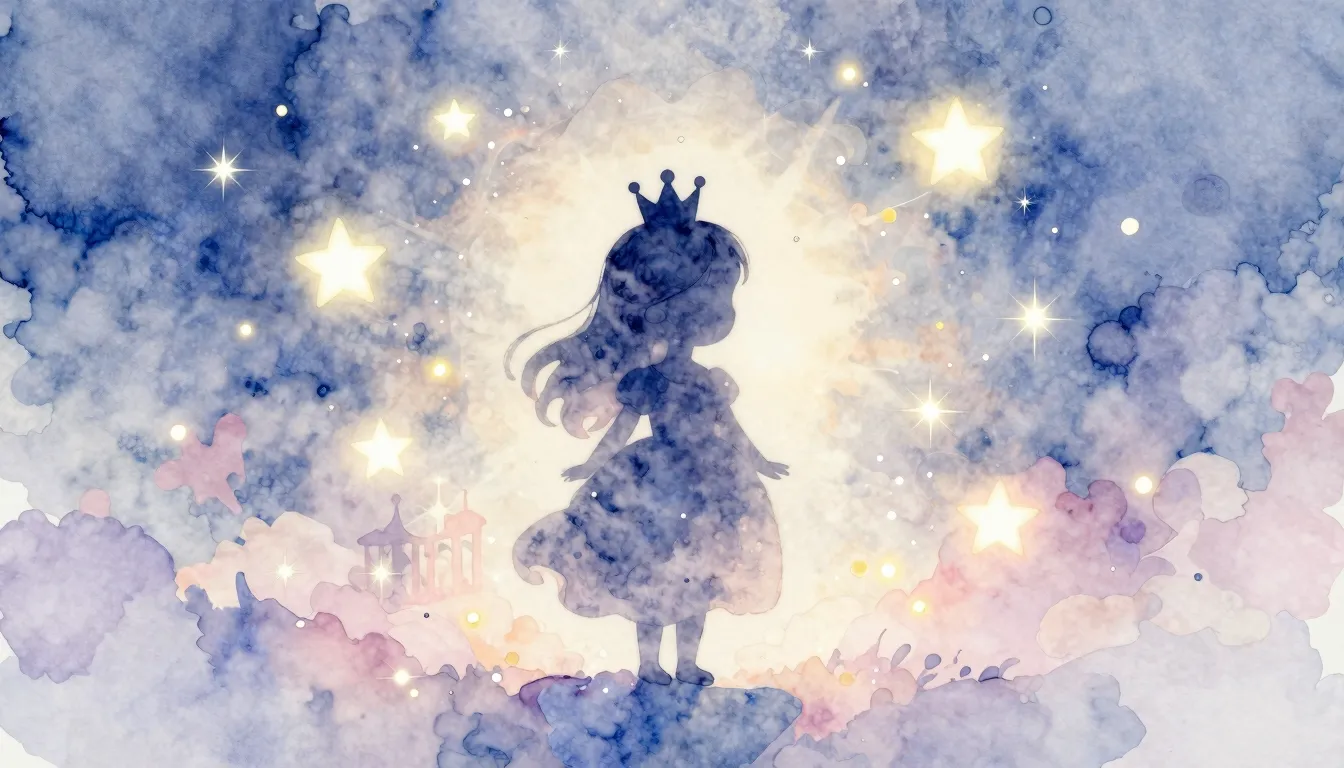 Watercolor style. A silhouette of a tiny princess with a sma...
