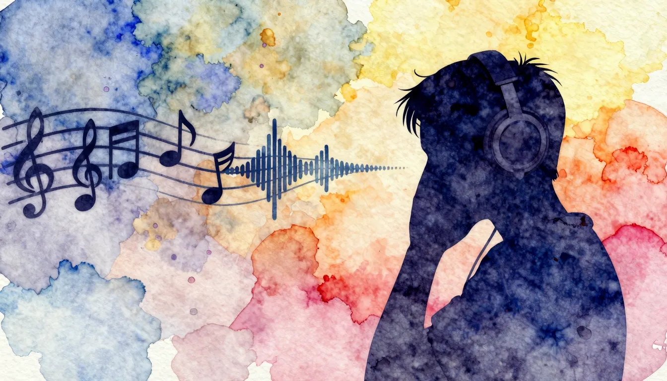Watercolor style. A silhouette of a person with headphones o...
