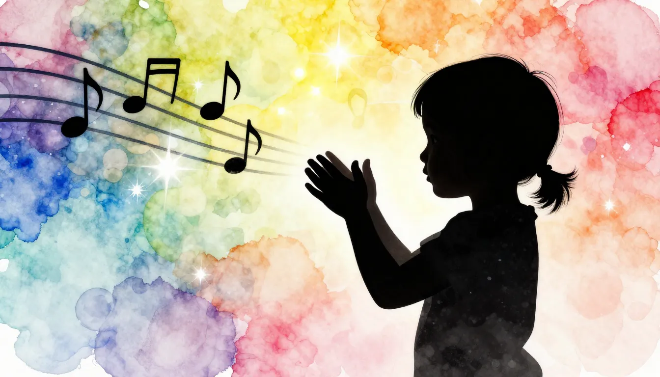 Watercolor style. Silhouette of a small child clapping hands...