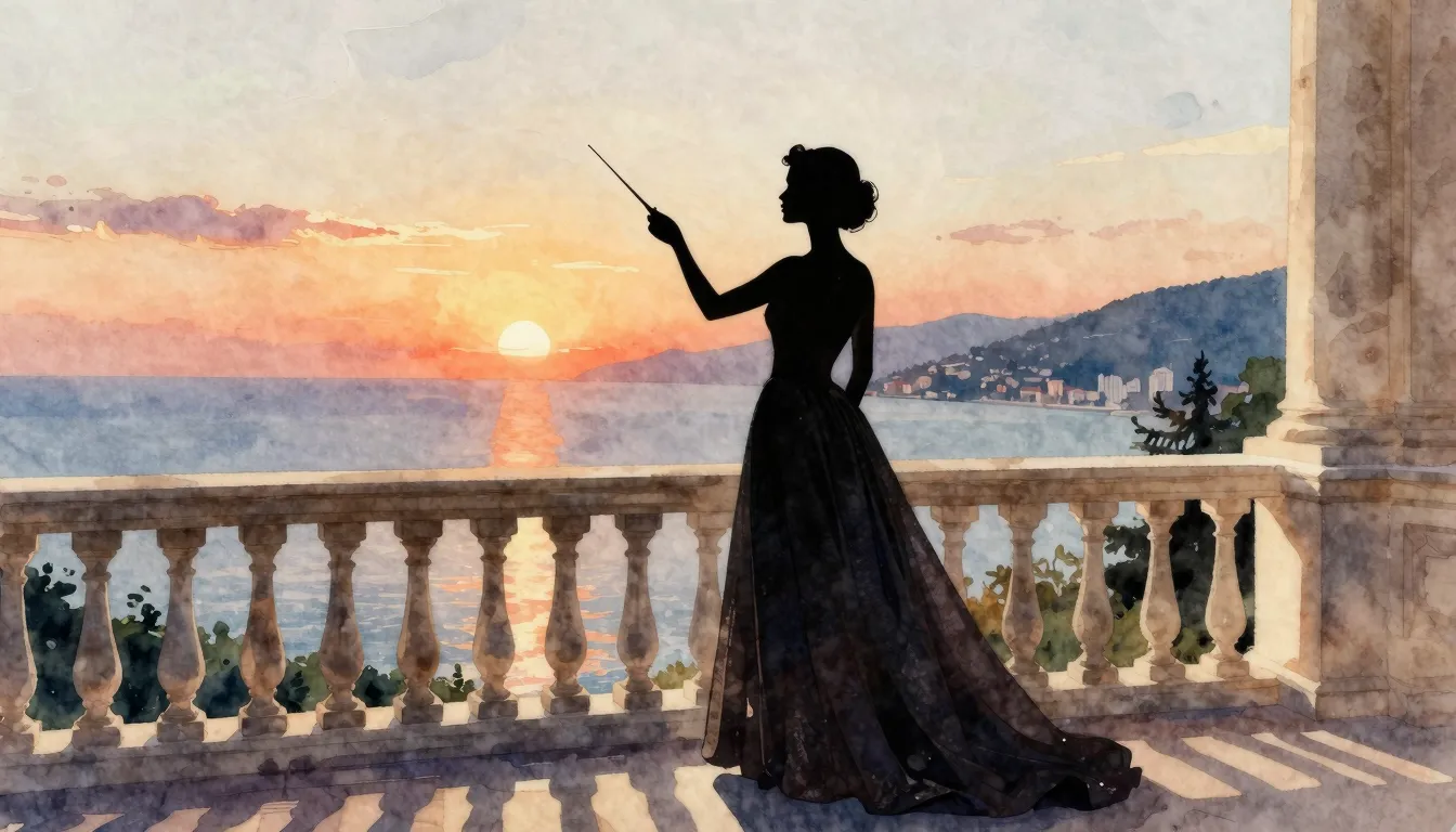 Watercolor style. A silhouette of a woman in a grand evening...