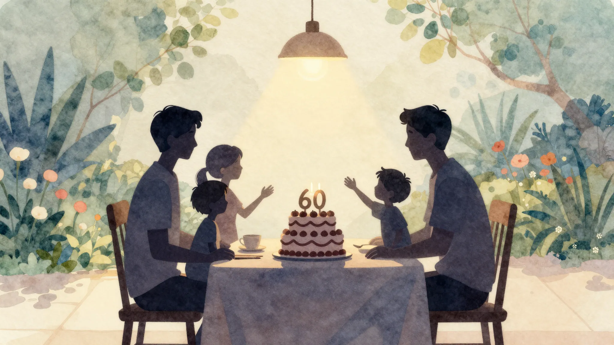 Watercolor style. Silhouette of a family celebrating around ...
