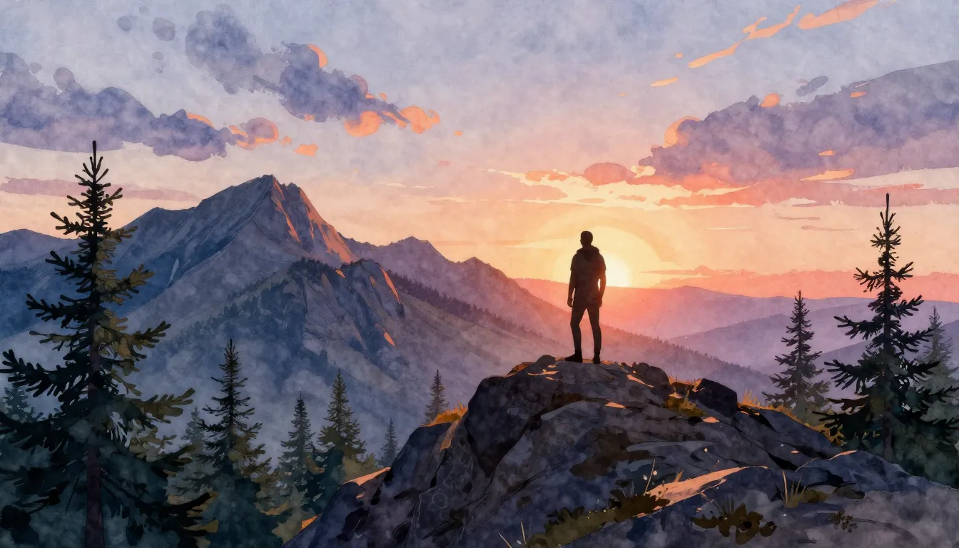 Watercolor style. Ural mountains landscape with a silhouette...