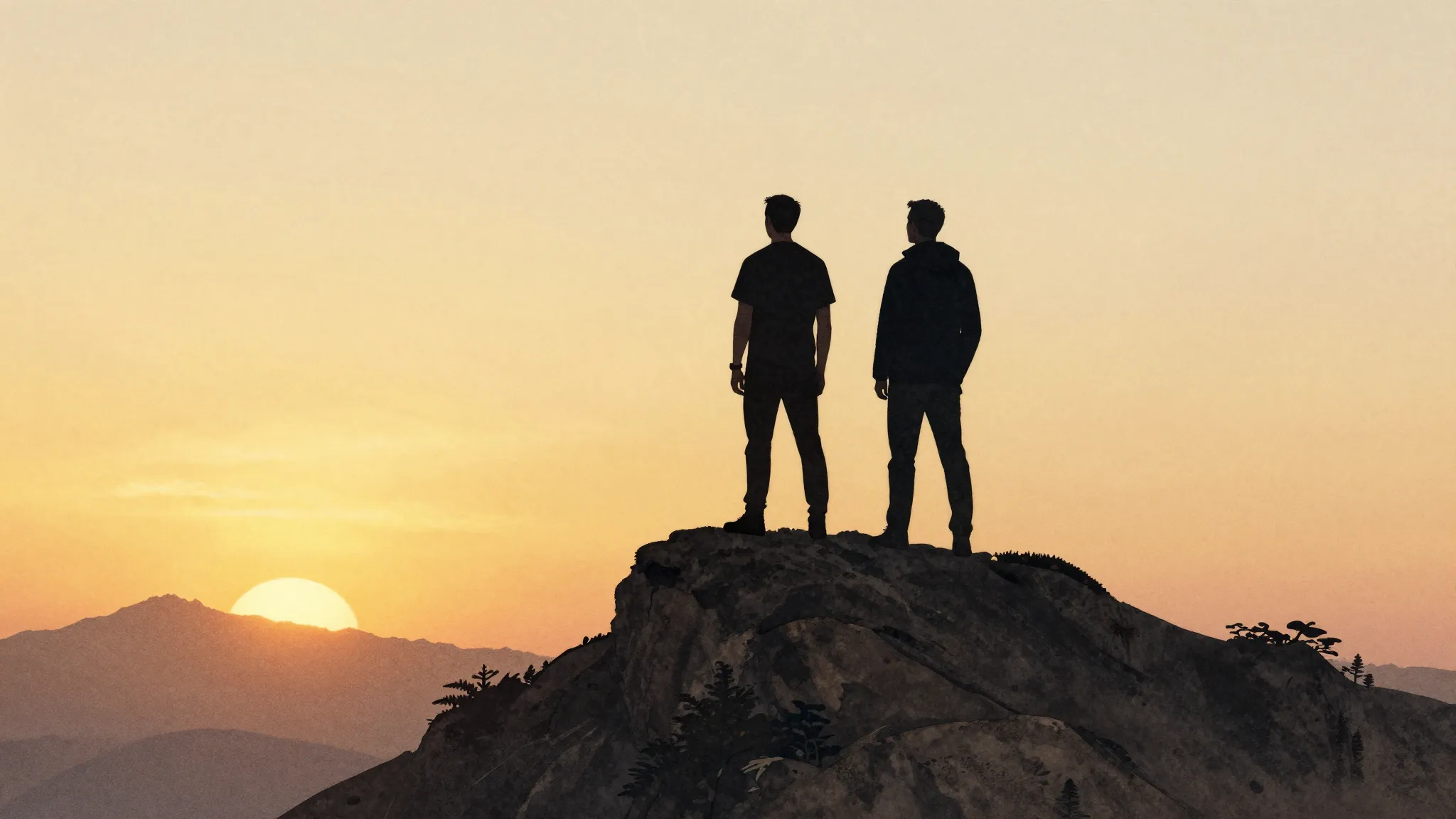 Watercolor style. Two dark silhouettes of men standing on a ...