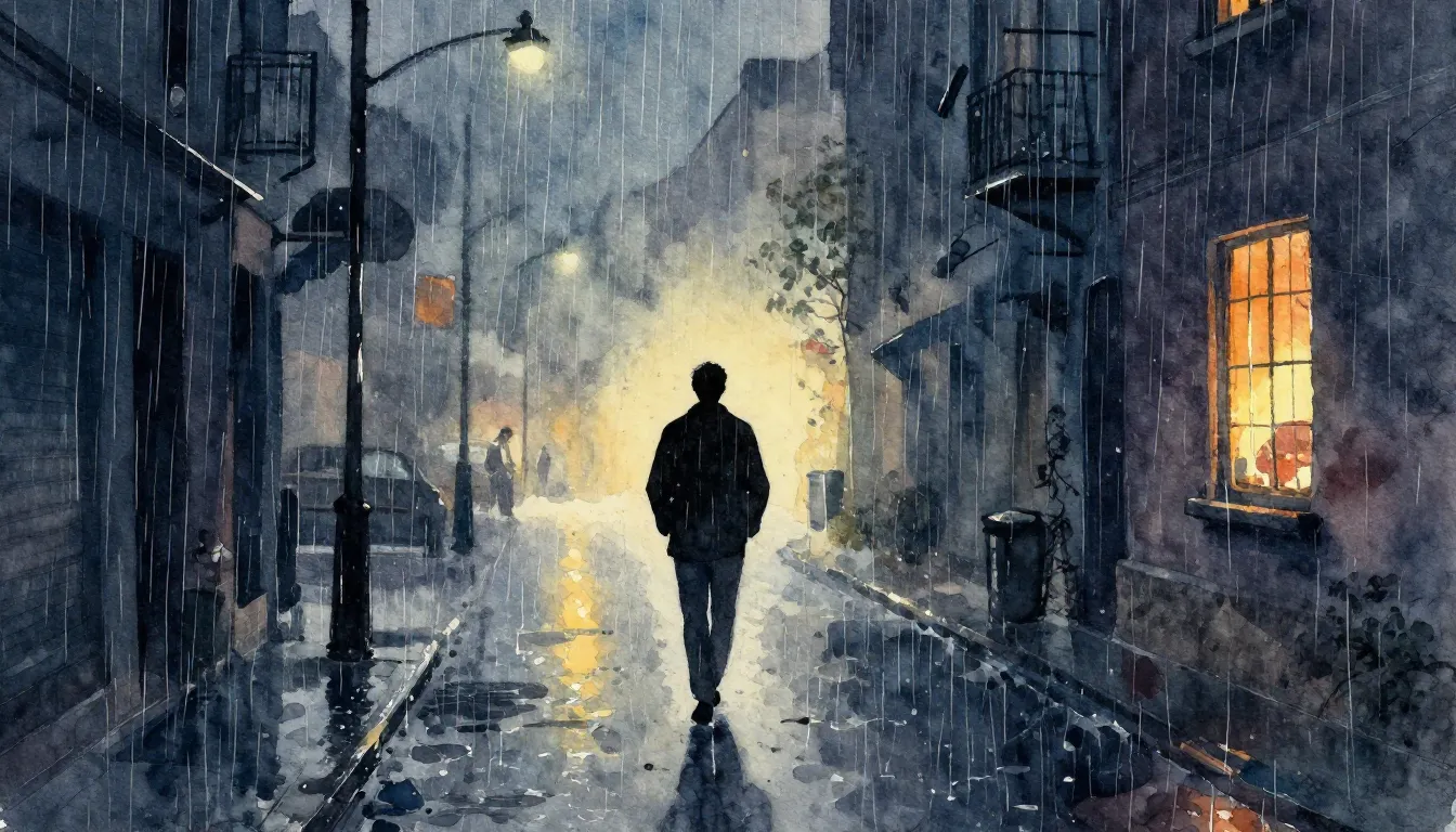 Vibrant watercolor style. Dark, rainy city street at night, ...