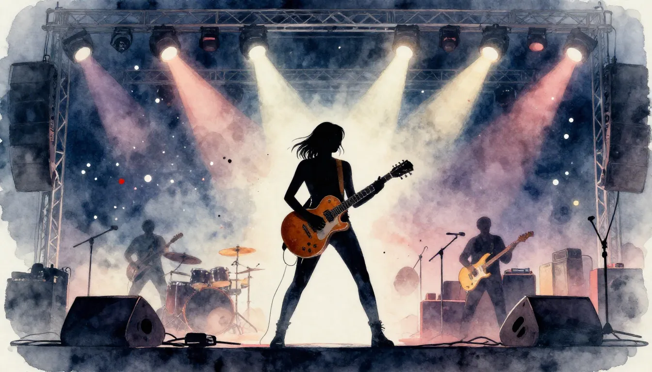 Watercolor style. Rock concert stage, silhouette of a woman ...