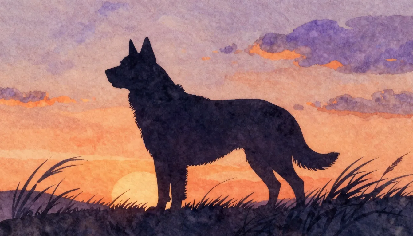 Watercolor style. A silhouette of a massive, powerful dog st...