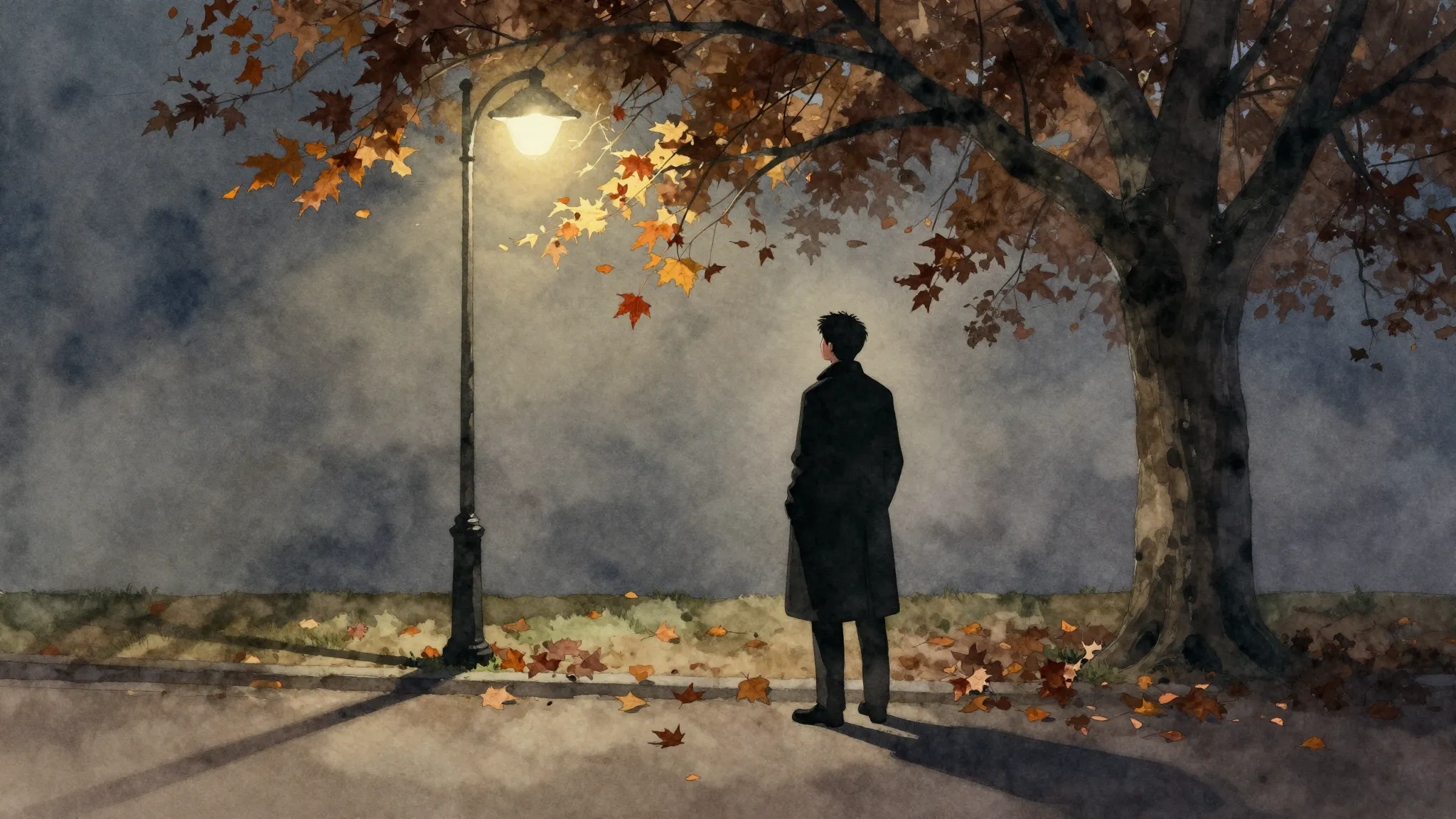 Watercolor style. A silhouette of a man in a long coat stand...