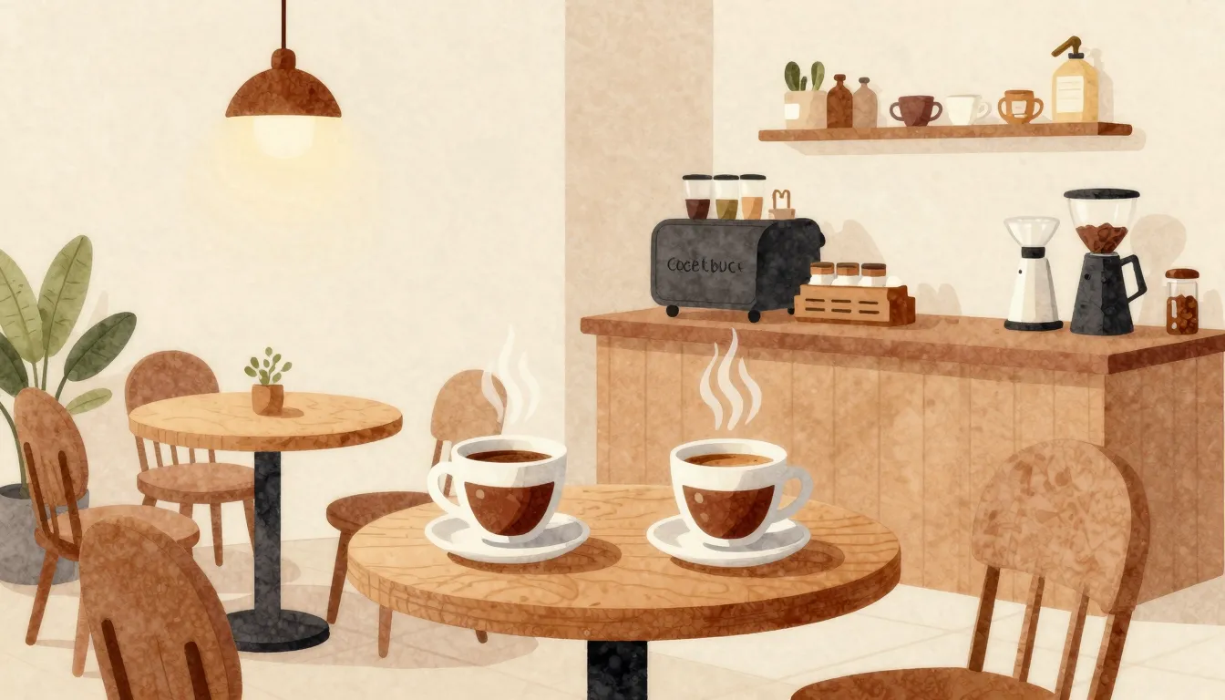 Watercolor style. A cozy coffee shop interior with a warm at...