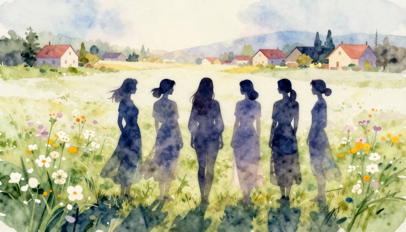 Watercolor style. Silhouettes of five women standing togethe...