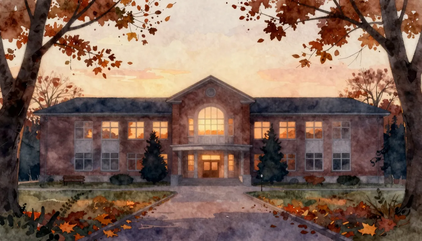 Watercolor style. A silhouette of a school building at sunri...