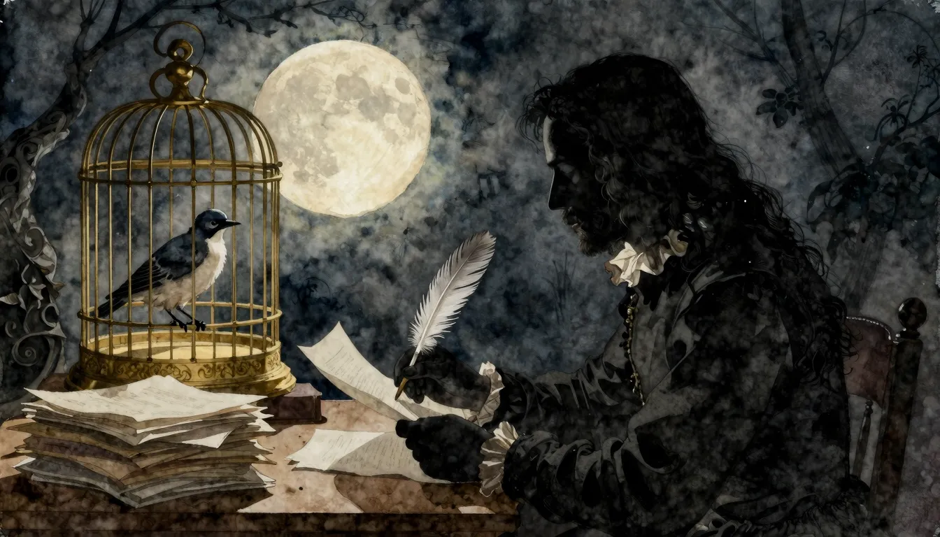 Watercolor style. A silhouette of a writer at a desk, quill ...