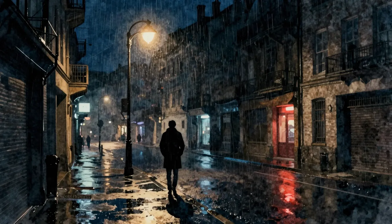 Watercolor style. A dark urban street at night with a single...