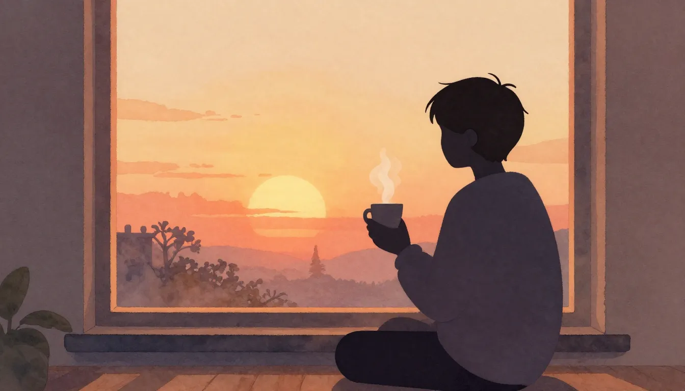 Watercolor style. Silhouette of a person sitting by a window...