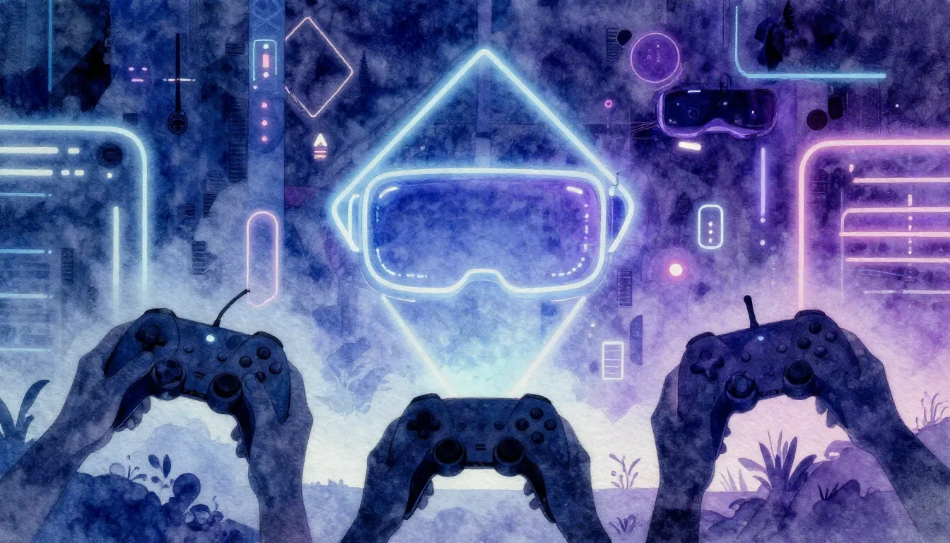 Watercolor style. Digital landscape, glowing neon geometric ...