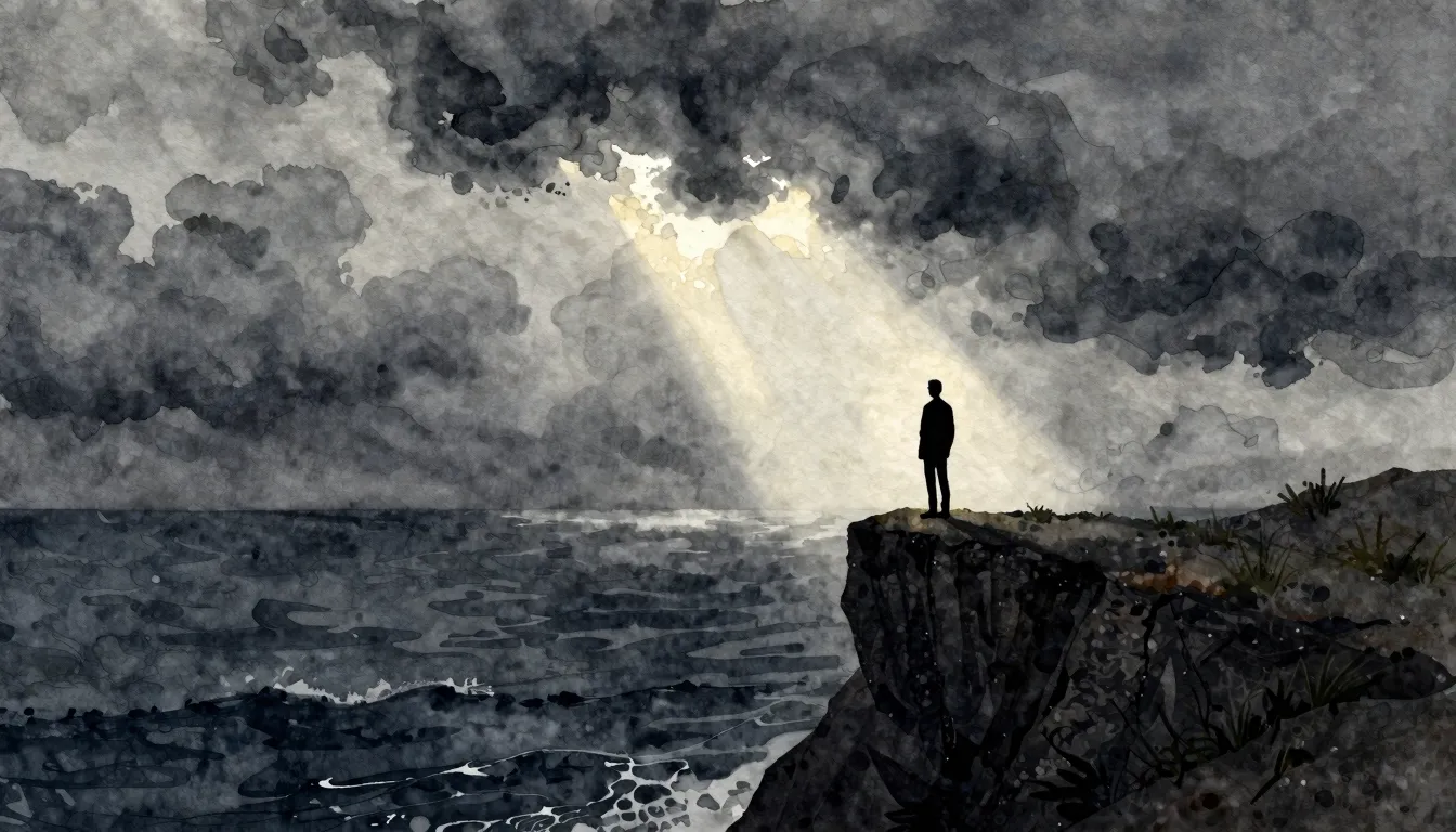 Watercolor style. A lone silhouette stands on a cliff edge, ...