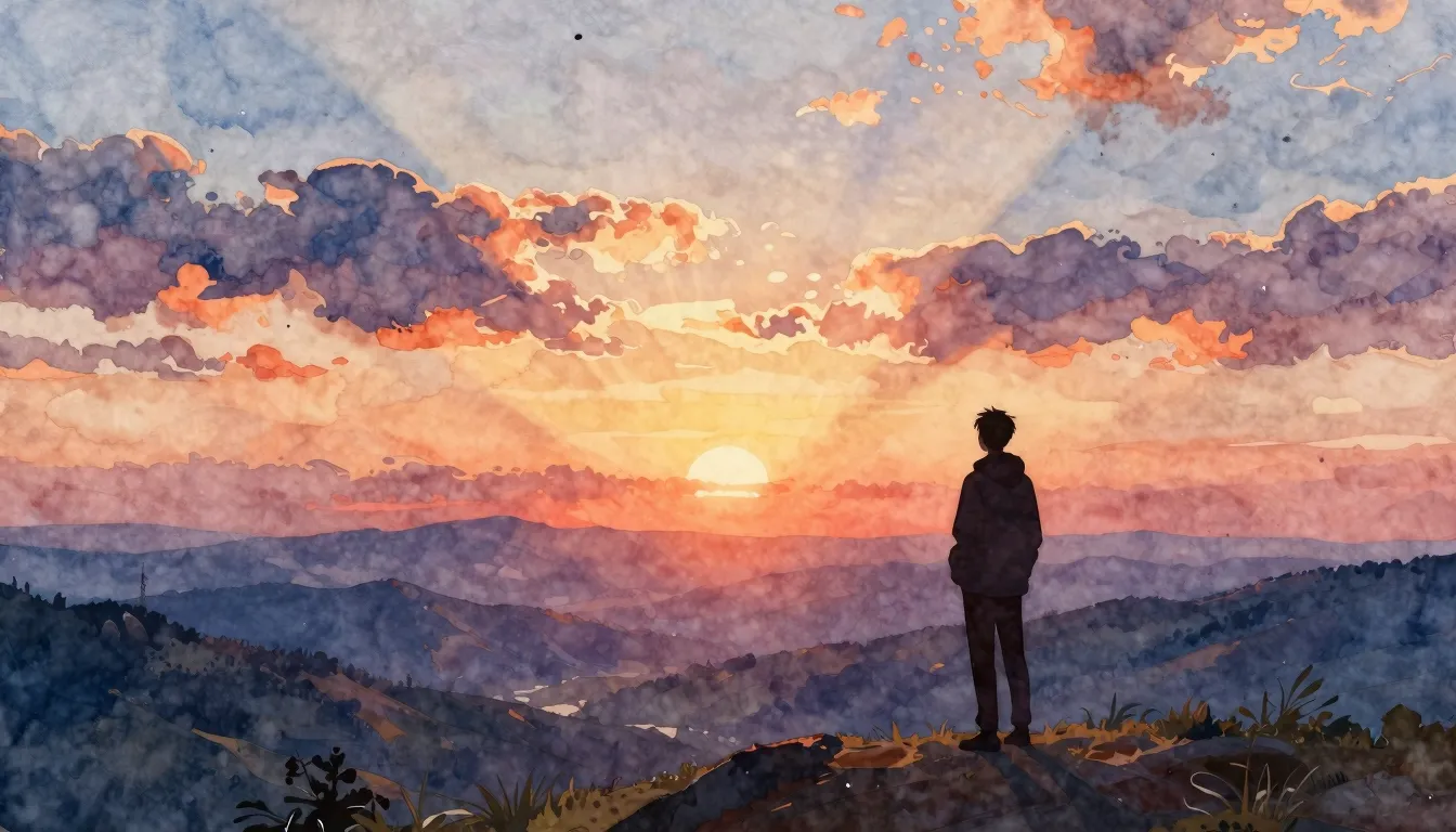 Watercolor style. A silhouette of a person standing on a hil...