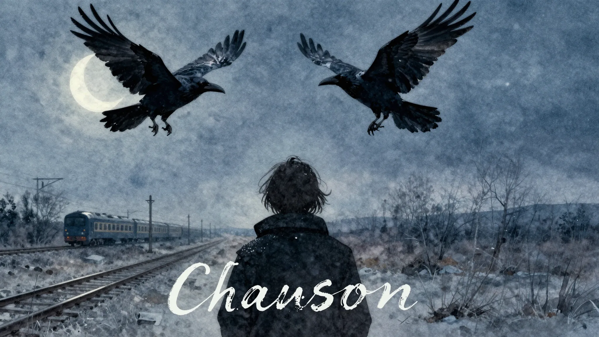 Vibrant watercolor style. Dark, melancholic "Chanson" album ...