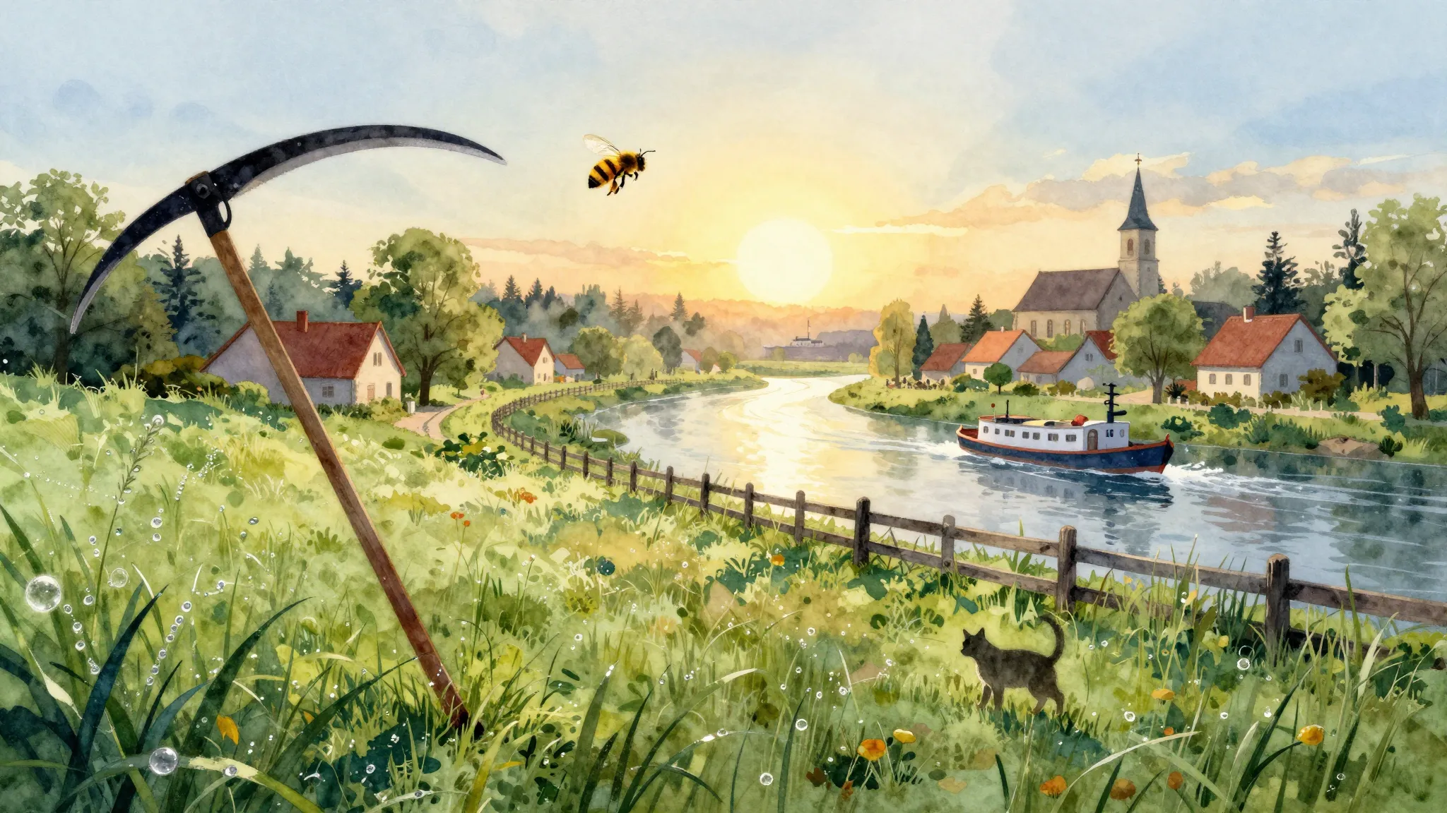 Vibrant watercolor style. Folk song album cover: early morni...