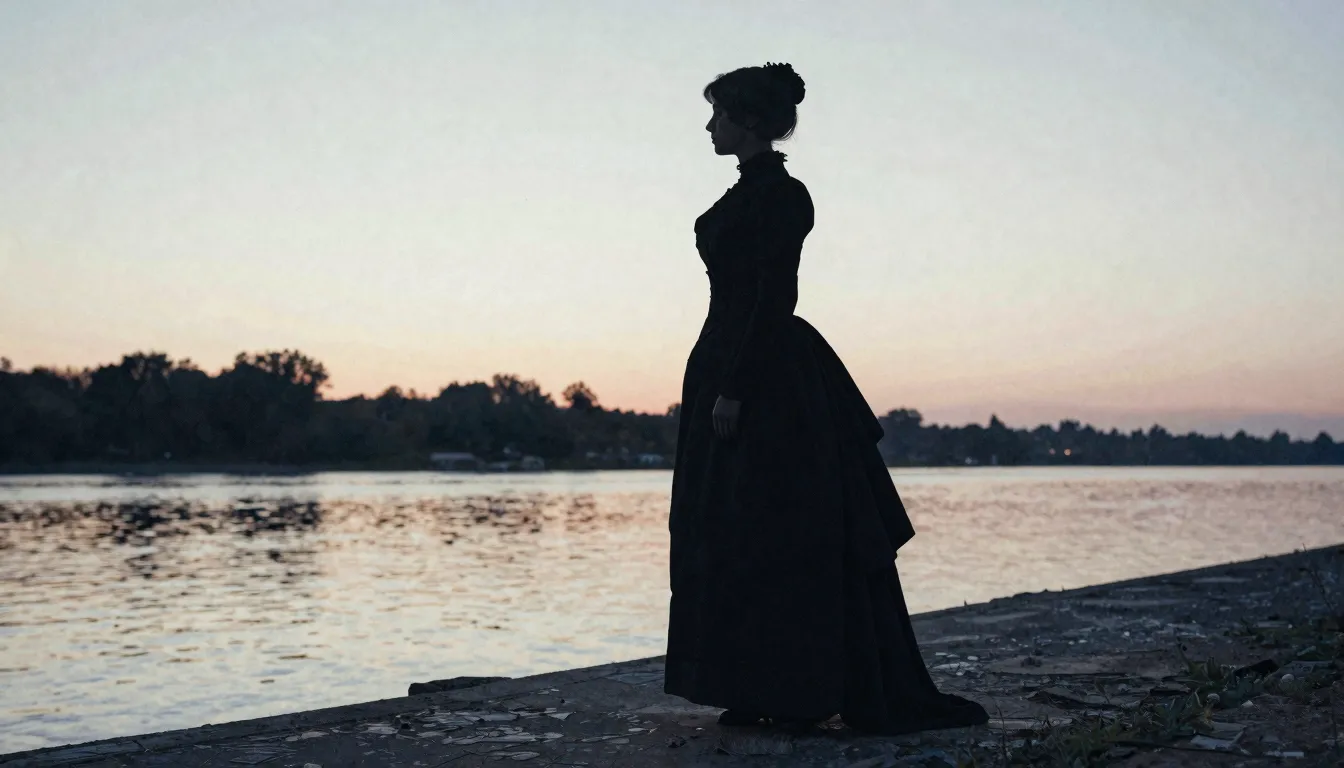 Watercolor style. A dark silhouette of a lady in a 19th-cent...