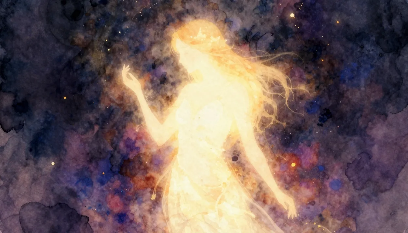 Vibrant watercolor style. A ethereal, glowing silhouette of ...