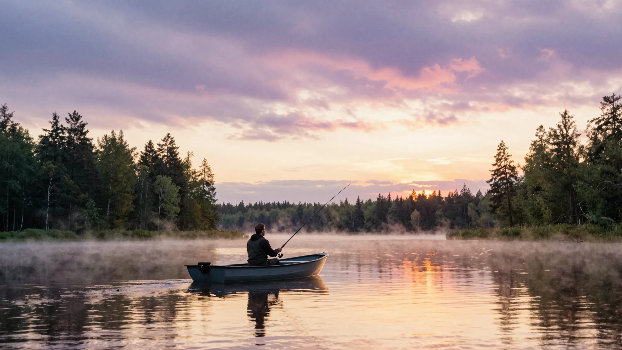 Watercolor style. A silhouette of a man in a boat on a calm ...