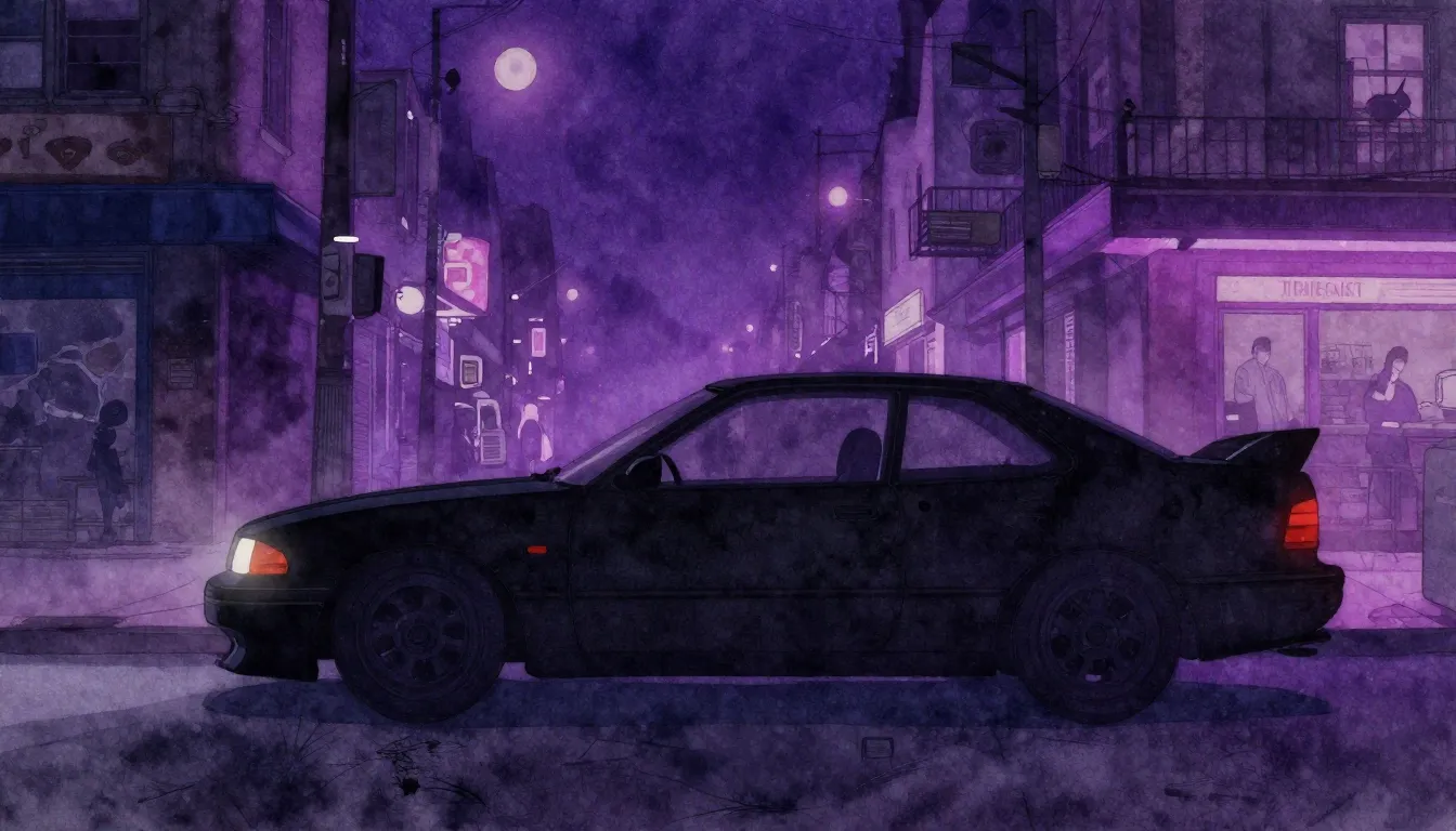 Watercolor style. Dark urban street at night, neon purple li...