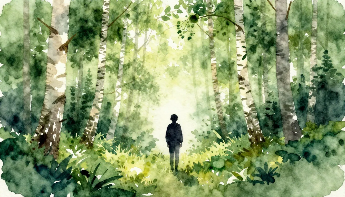 Watercolor style. Silhouette of a person standing in a dense...