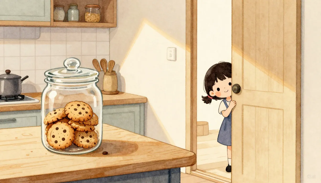 Watercolor style. Cozy kitchen with a jar of cookies, a silh...