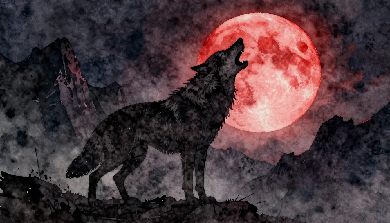 Watercolor style. A dark silhouette of a wolf howling at a b...
