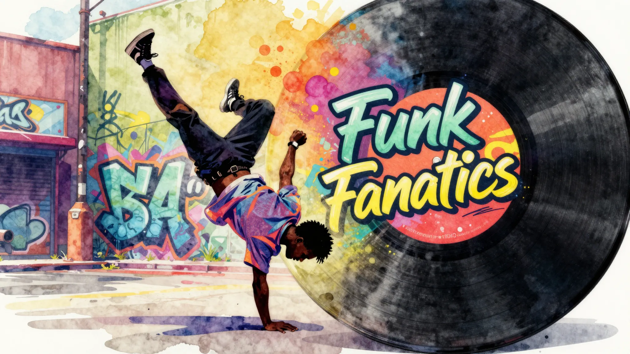 Vibrant watercolor style. Dynamic breakdancer silhouette in ...