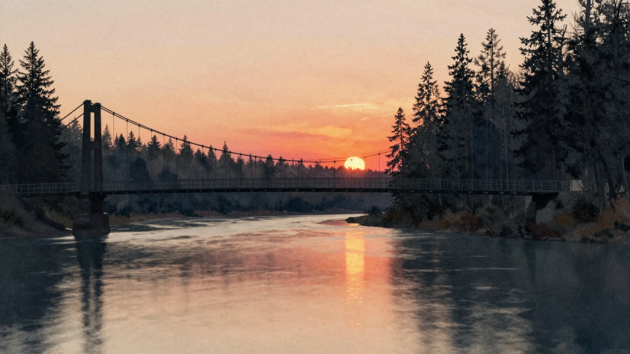 Watercolor style. A silhouette of a suspension bridge over a...