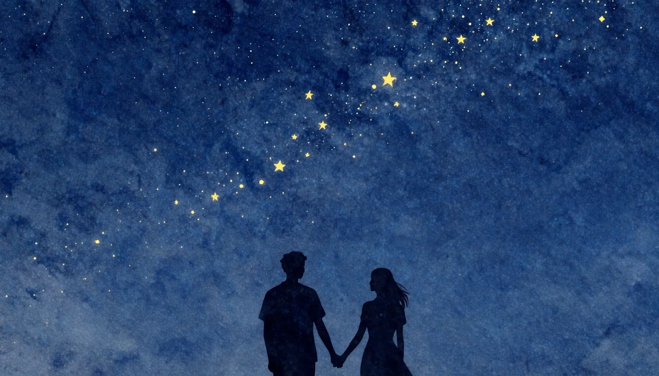 Watercolor style. Two silhouettes holding hands against a va...