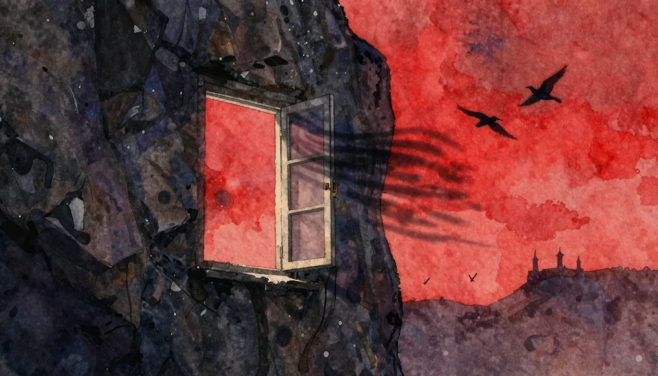 Vibrant watercolor style. Dark rock album cover. Night, open...