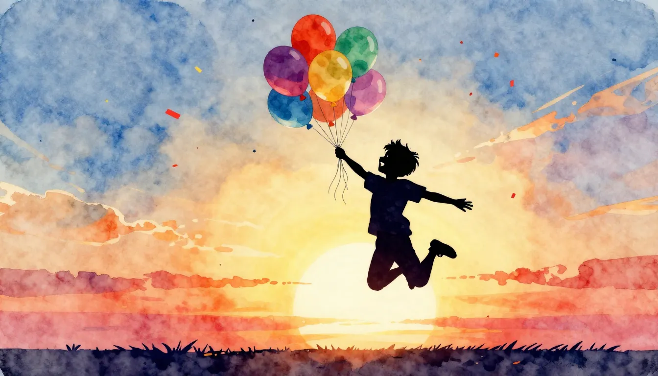 Watercolor style. A silhouette of a happy boy jumping with c...