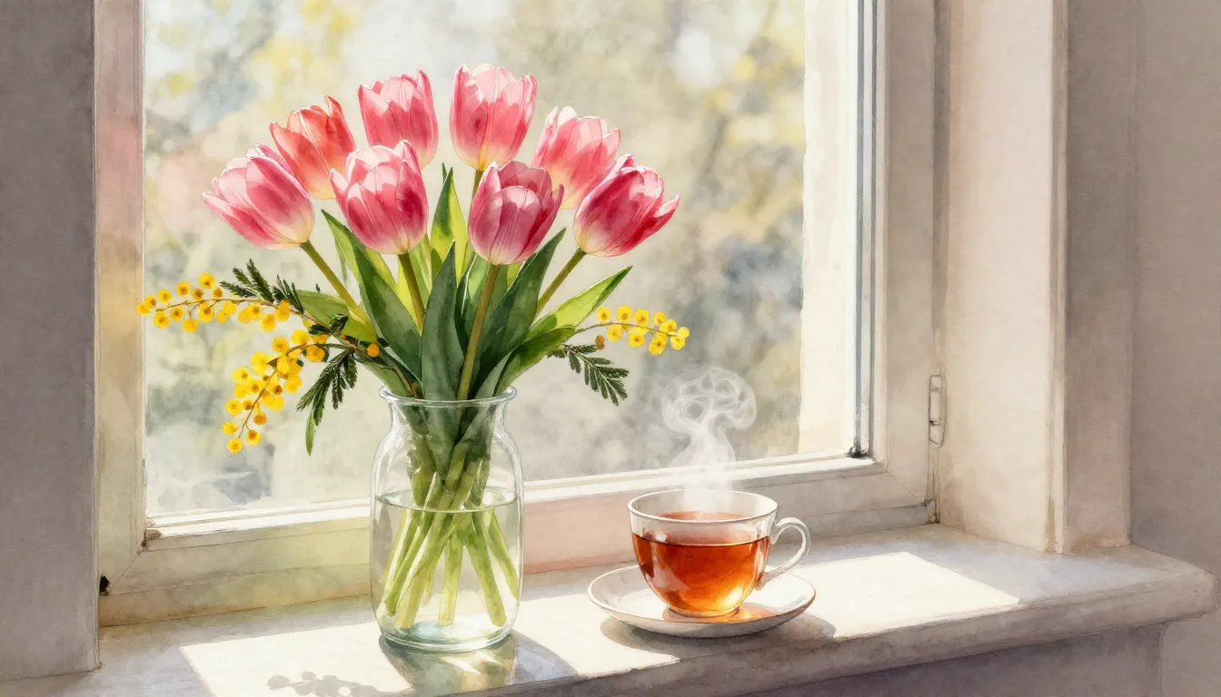 Watercolor style. A cozy window sill with a vibrant bouquet ...