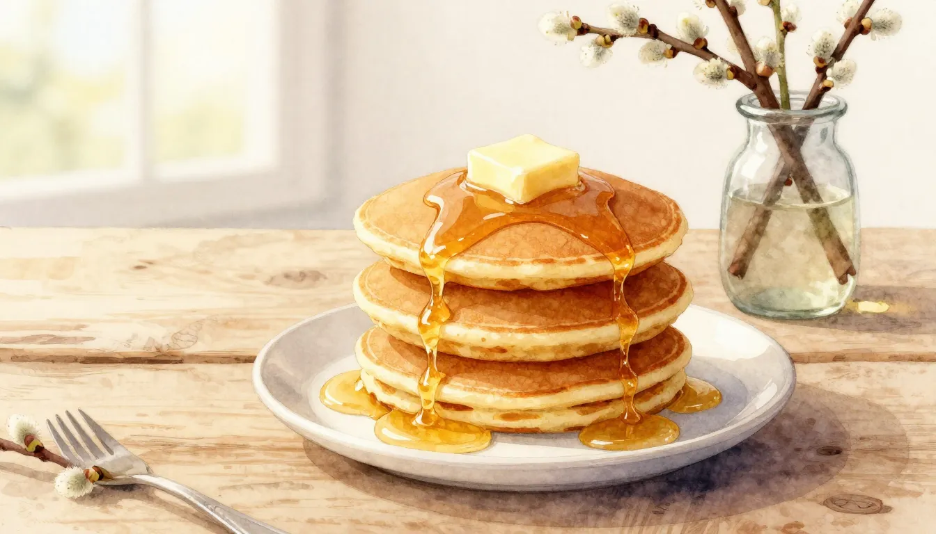 Watercolor style. A stack of golden pancakes with melting bu...
