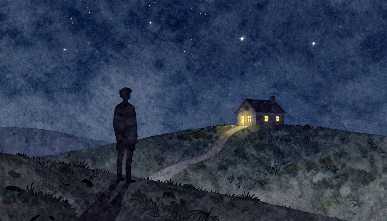 Watercolor style. A lonely silhouette of a person stands on ...