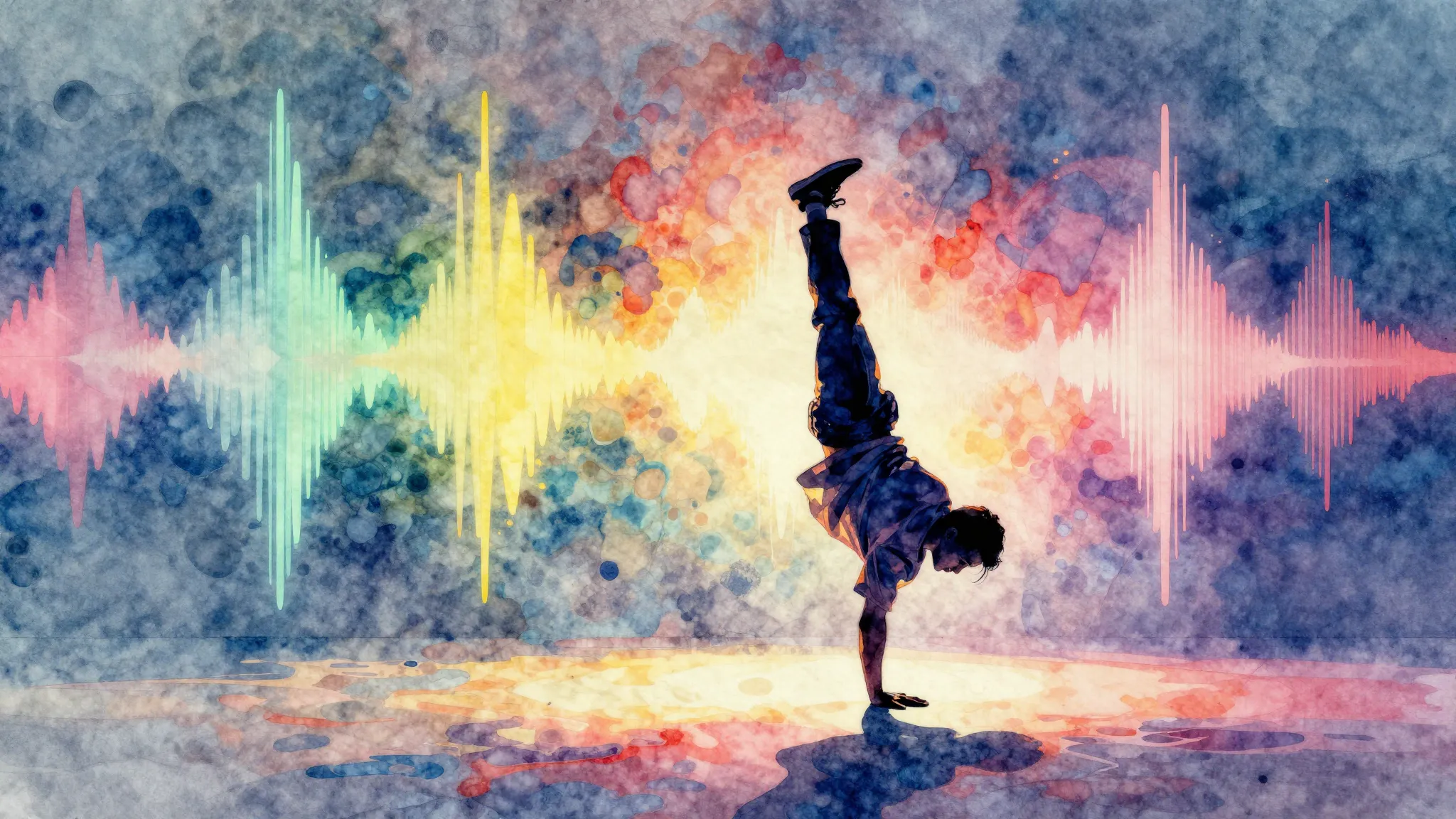 Watercolor style. Abstract colorful sound waves and a glowin...