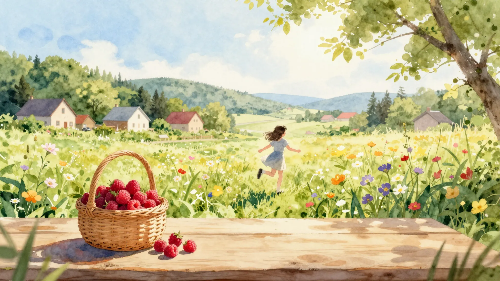 Watercolor style. A bright summer landscape in a village, a ...