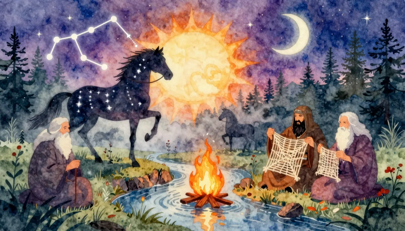 Vibrant watercolor style. Folk album cover, mystical, ancien...