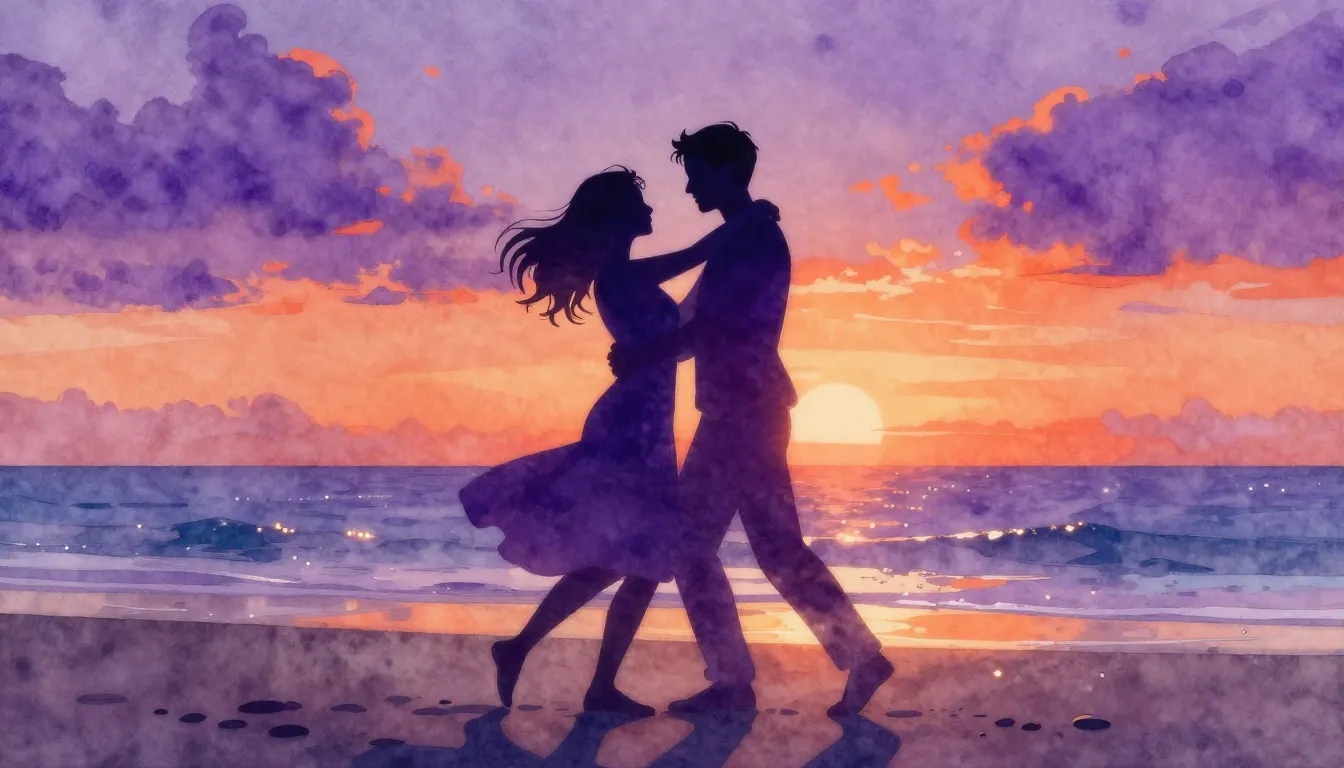 Watercolor style. Neon silhouette of a couple dancing on a b...