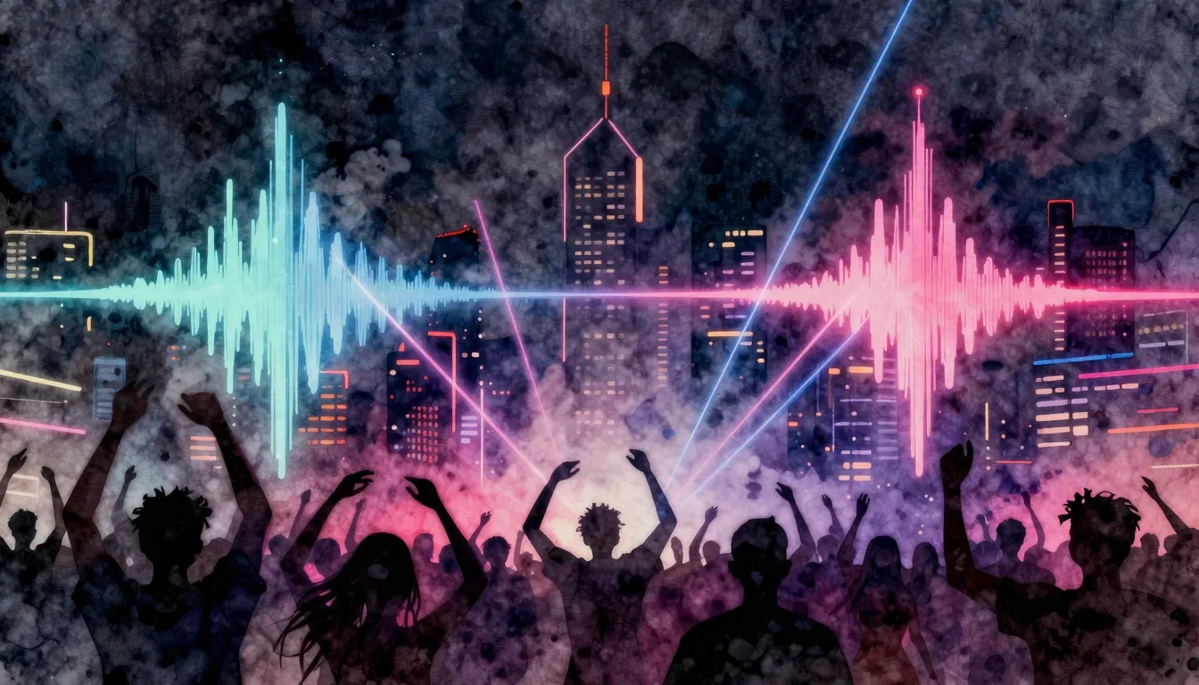 Watercolor style. Neon city skyline at night, abstract sound...