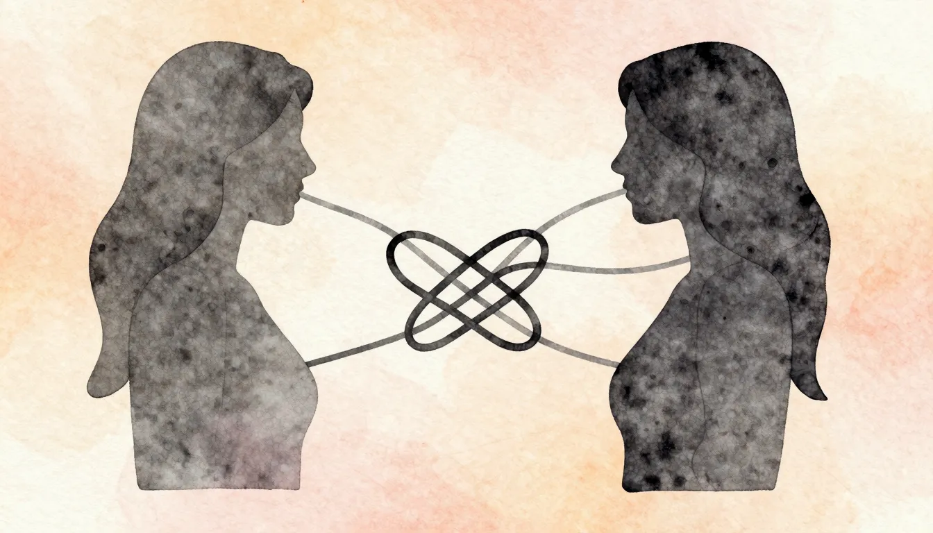 Watercolor style. Two abstract female silhouettes facing eac...