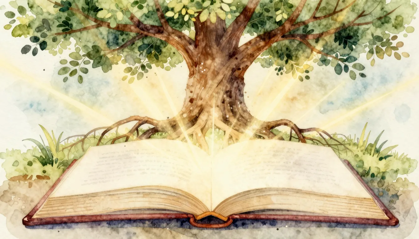 Watercolor style. An open book with light rays emanating fro...