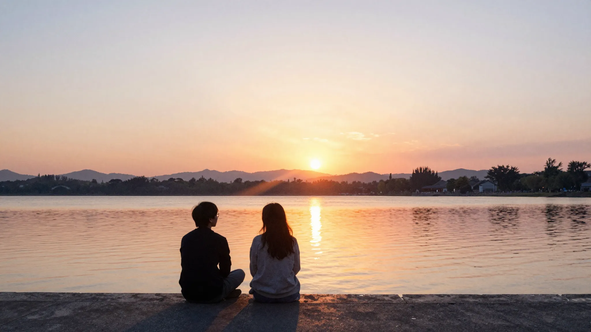 Watercolor style. A beautiful sunset over a calm lake, silho...